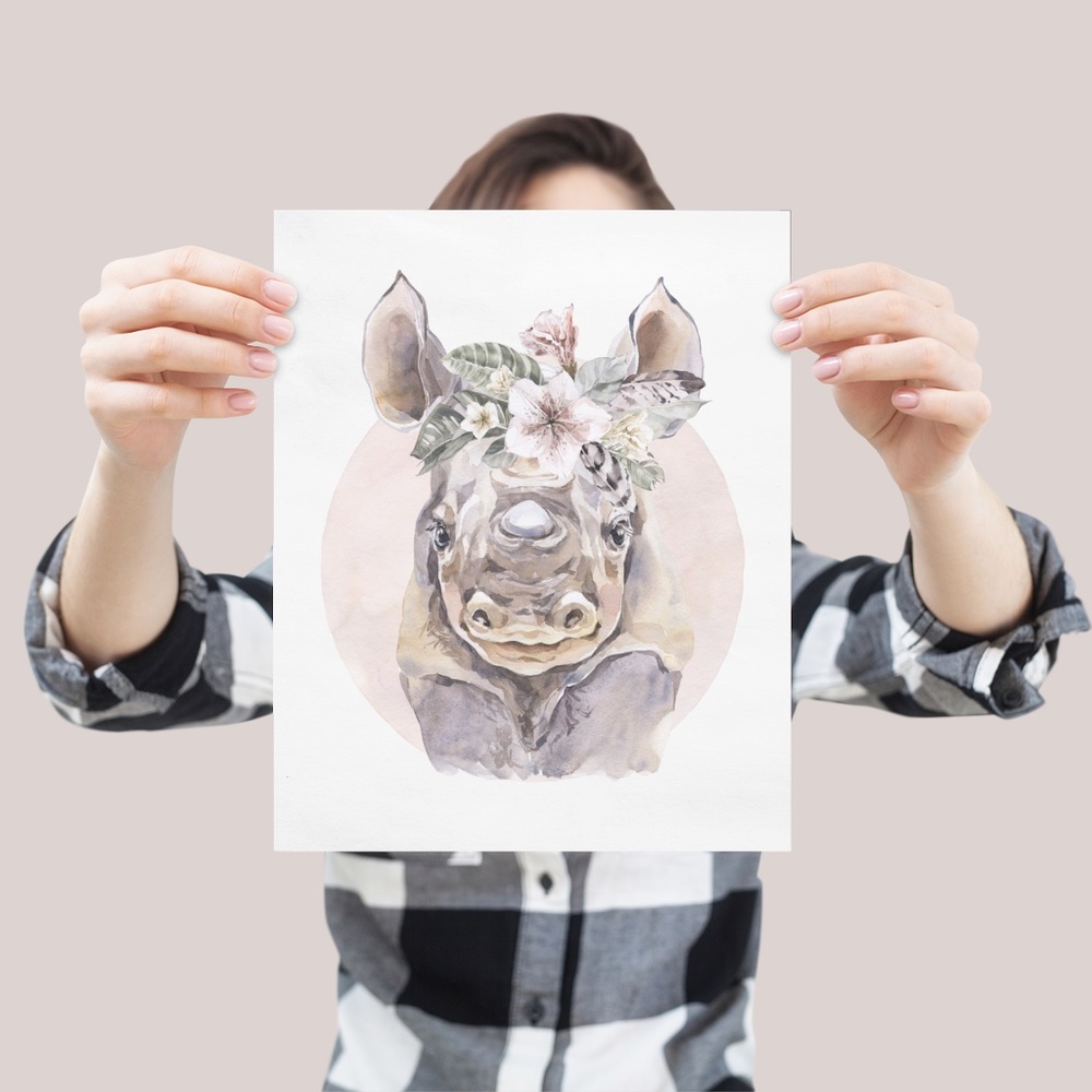 Watercolor Floral Rhino Wall Art Illustration Print Poster Card Unframed - Picture 4 of 8